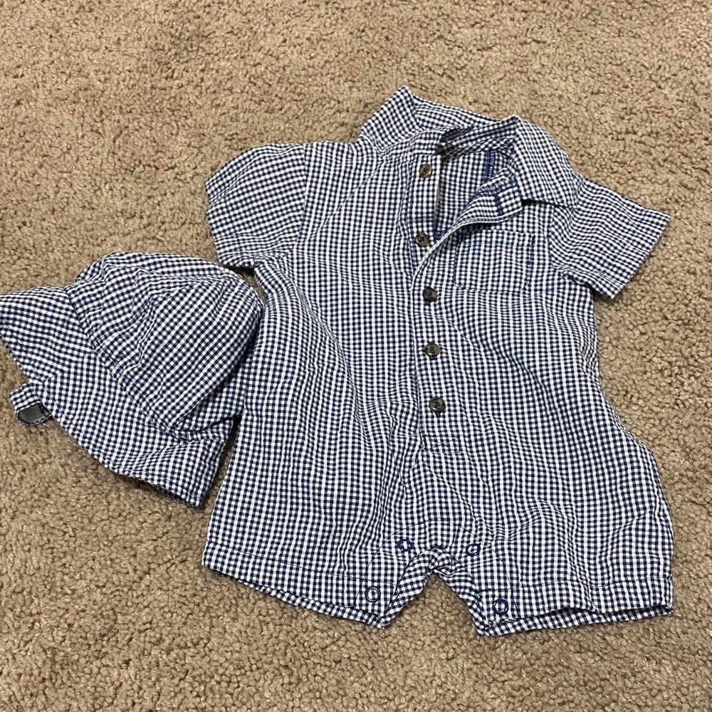 3mo Blue Checkered Kids Bodysuit with Hat